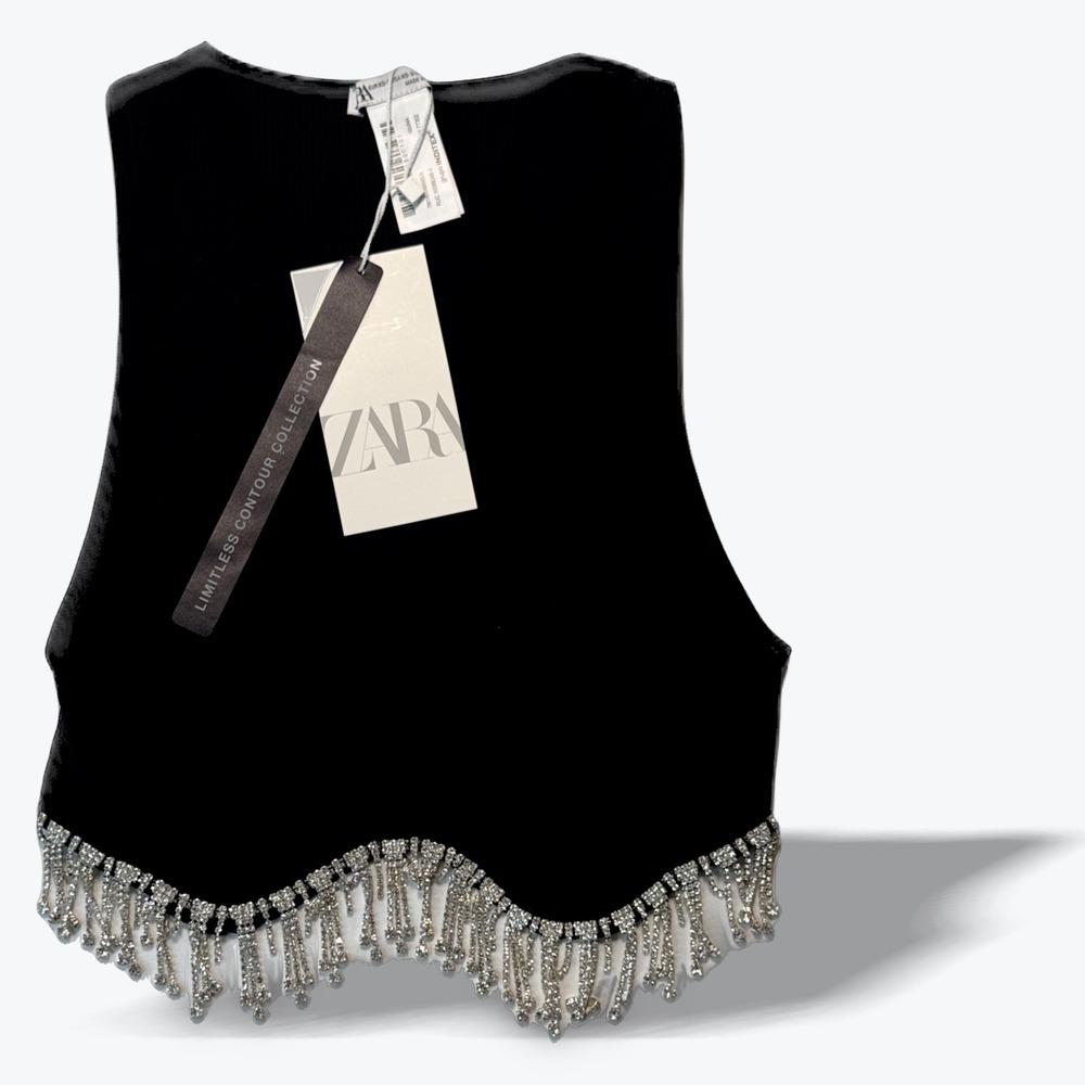 Zara Crop Top Rhinestone Fringe Limitless Contour Ribbed Black XS